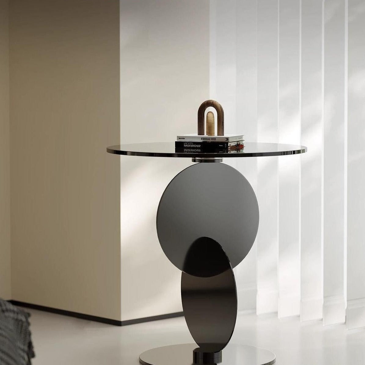 Black art deco art end & side tables — 20" H x 18" Dia