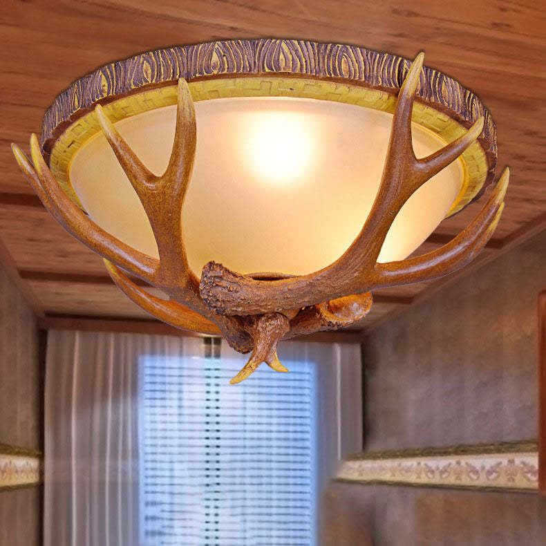 Vintage Industrial Antler Resin Glass Flush Ceiling Light