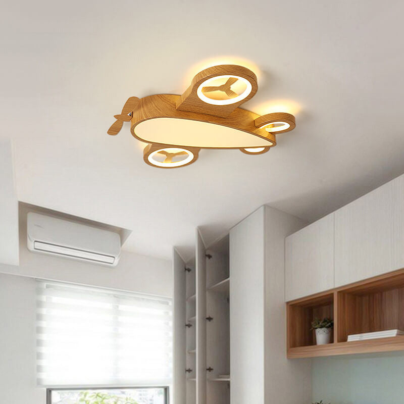 Cartoon Wood Grain Aircraft LED Kids Flush Mount Light
