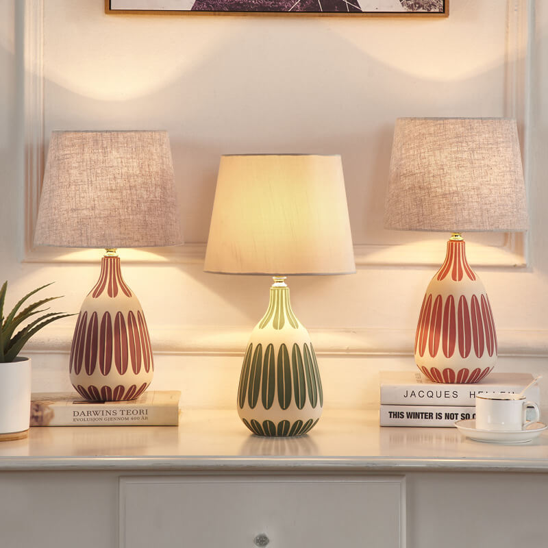 Green nordic pattern vertical table lamps — Push Button Switch / Green Ceramic & Beige Shade / 220V-240V (UK/AU
