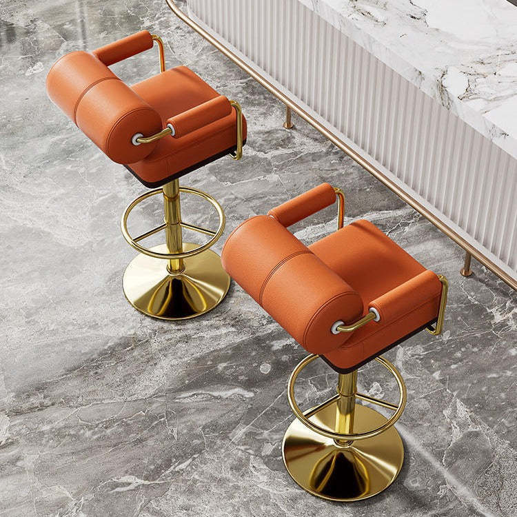 Modern Cylindrical Leather Metal Bar Stool — Beige + Silver Frame