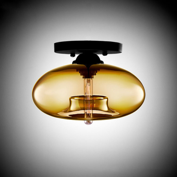Flat Oval Iron Glass Semi-Flush Ceiling Light