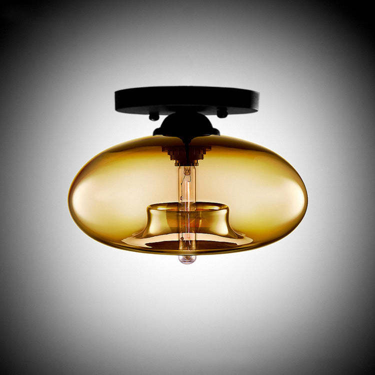 Flat Oval Iron Glass Semi-Flush Ceiling Light