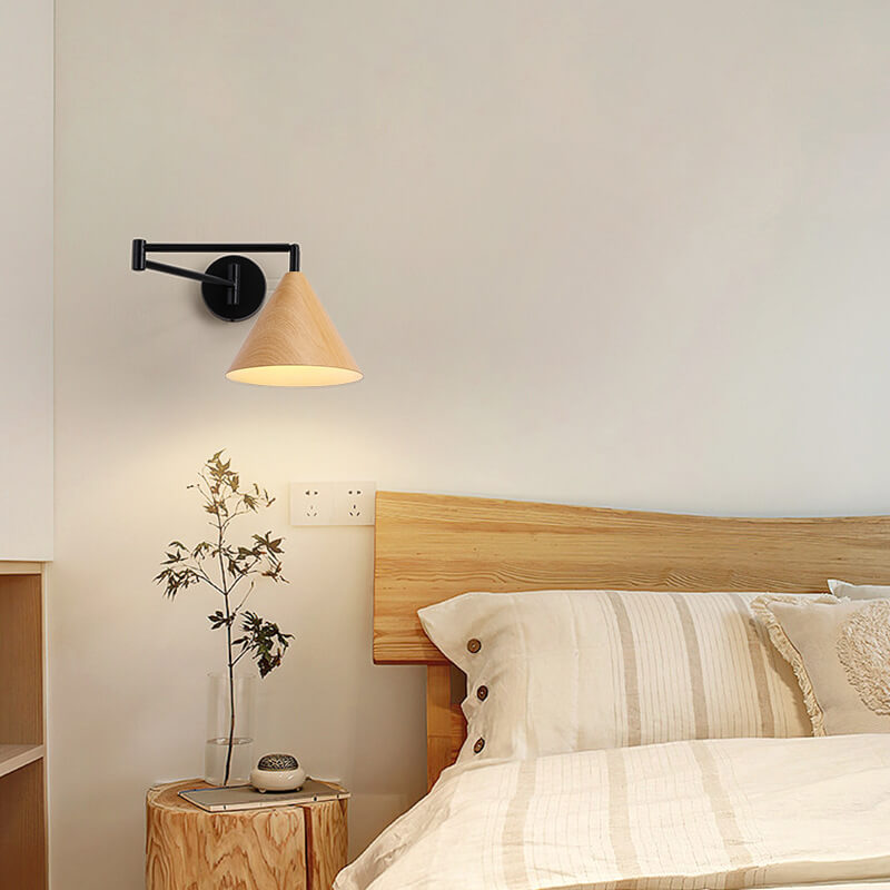 Nordic Cone Swing Arm Wood Grain Iron Wall Sconce