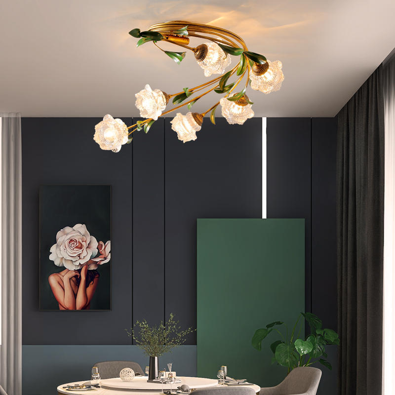 French Floral Iron Glass 6-Light Flush Mount