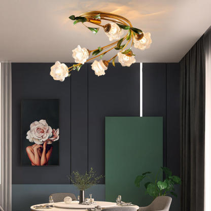 French Floral Iron Glass 6-Light Flush Mount