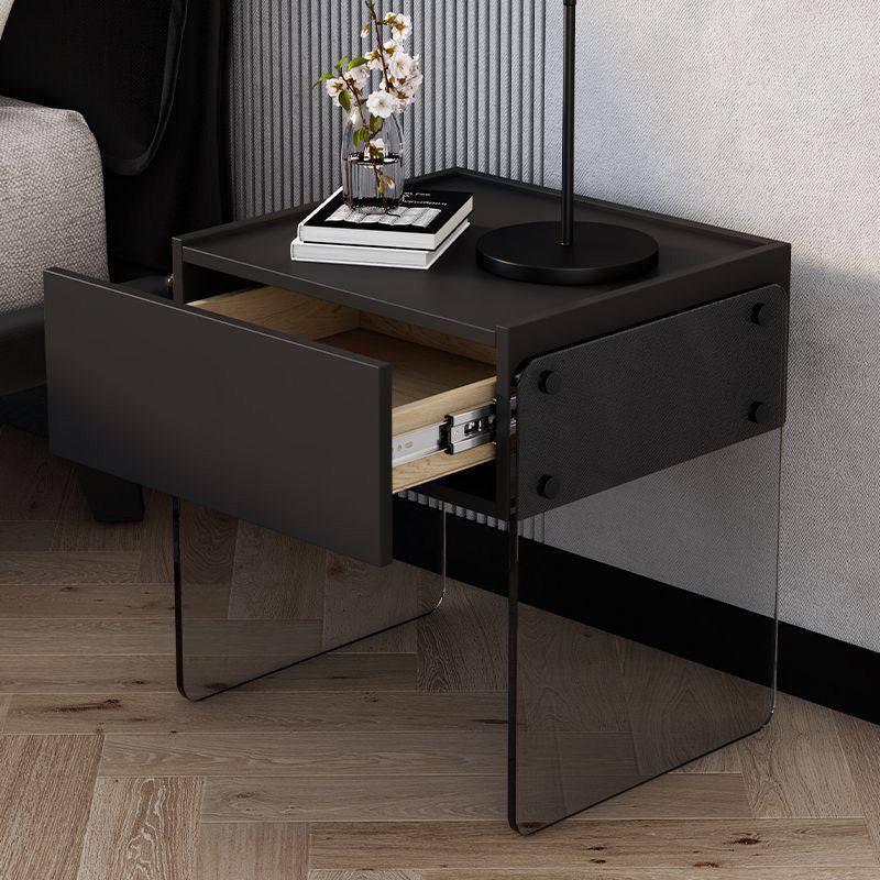 Minimalist Wood Plank Glass 1-Drawer Nightstand — White