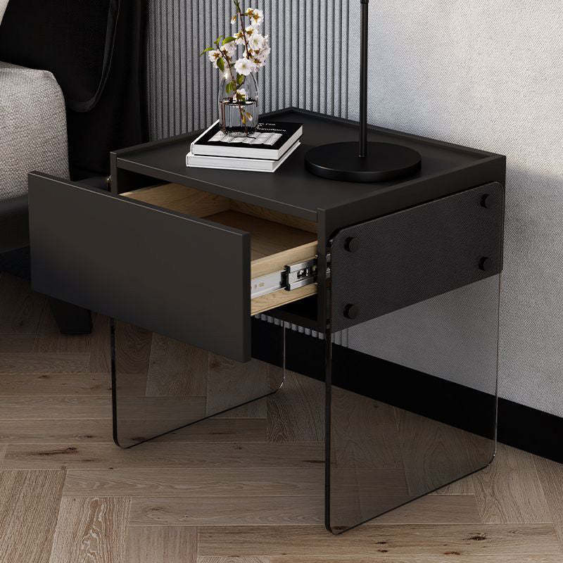 Minimalist Wood Plank Glass 1-Drawer Nightstand — White