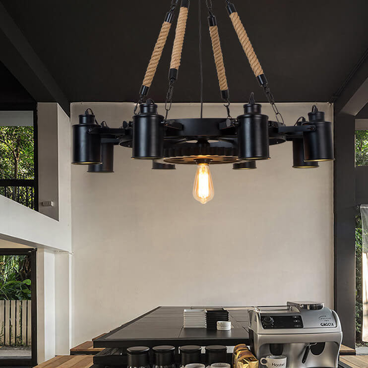 Industrial Retro Gear Wrought Iron Hemp Rope Chandelier