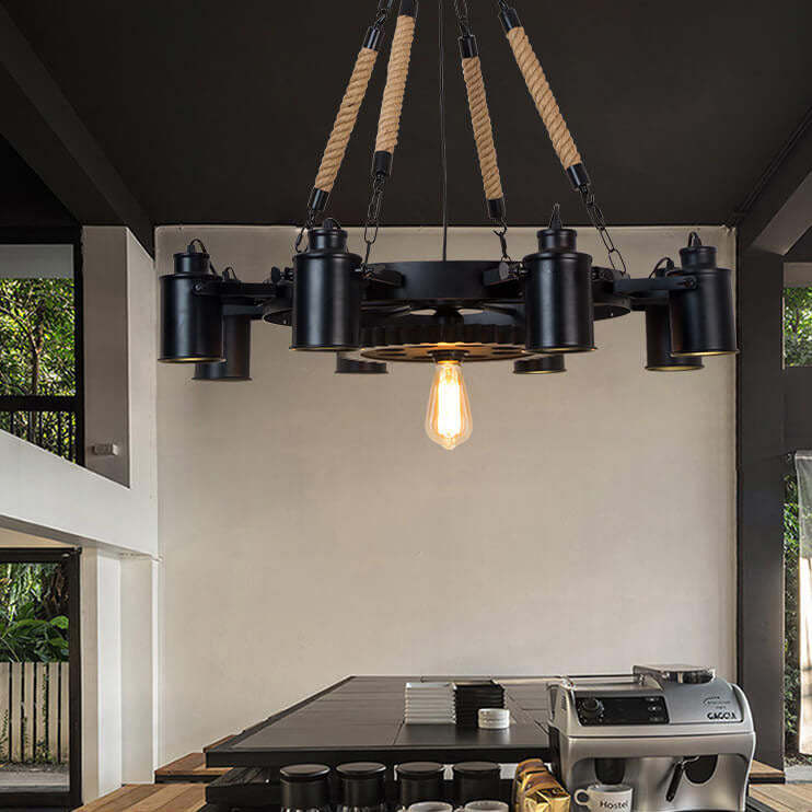 Industrial Retro Gear Wrought Iron Hemp Rope Chandelier
