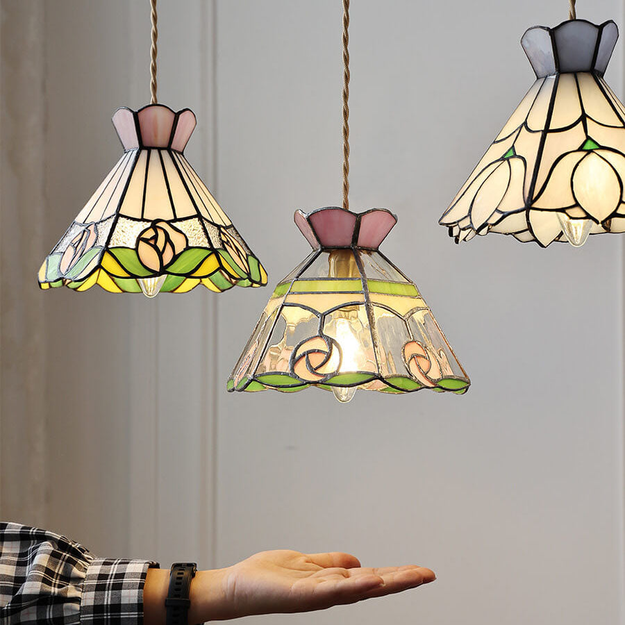 Vintage Tiffany Rose Conical Stained Glass Pendant Light