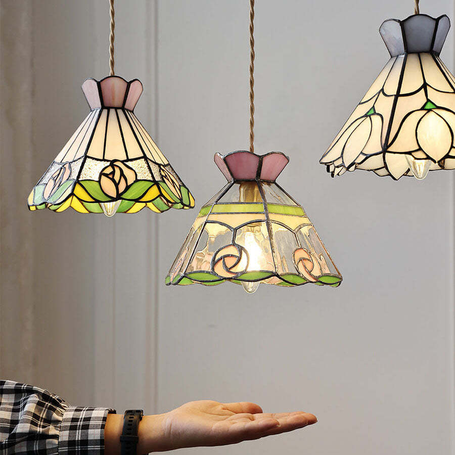 Vintage Tiffany Rose Conical Stained Glass Pendant Light