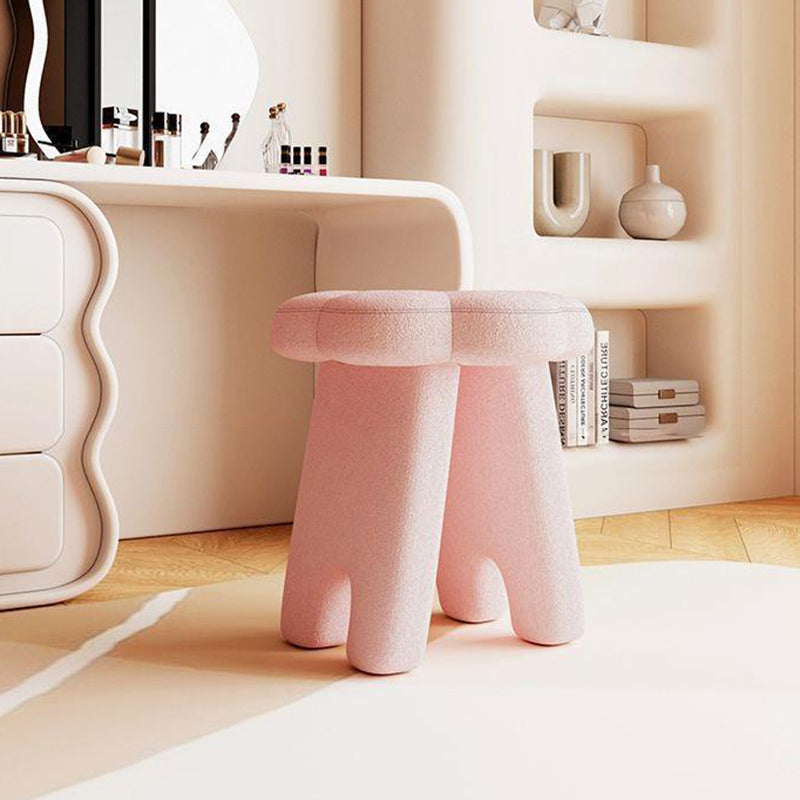 Modern Floral Lambswool Wood Vanity Stool — White