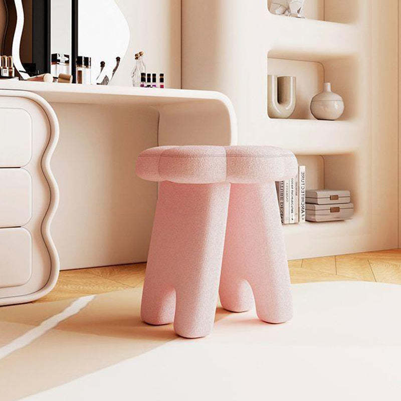 Modern Floral Lambswool Wood Vanity Stool — White