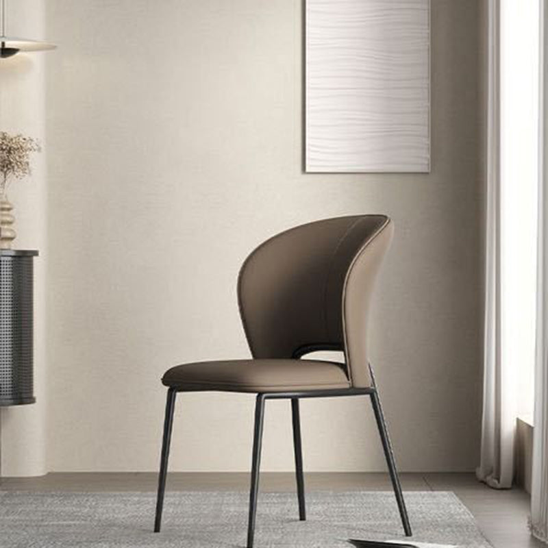Minimalist Microfiber Leather Steel Curved Dining Chair — Dark Khaki
