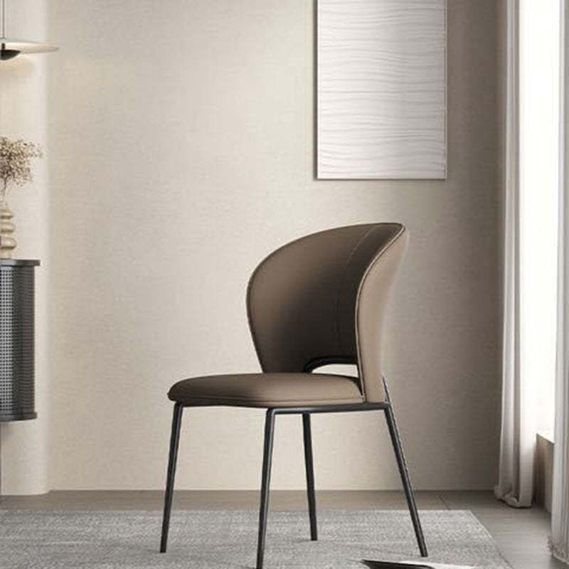Minimalist Microfiber Leather Steel Curved Dining Chair — Dark Khaki