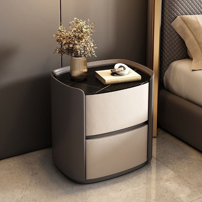 Modern Elliptical Microfiber Leather Wood Nightstand — White