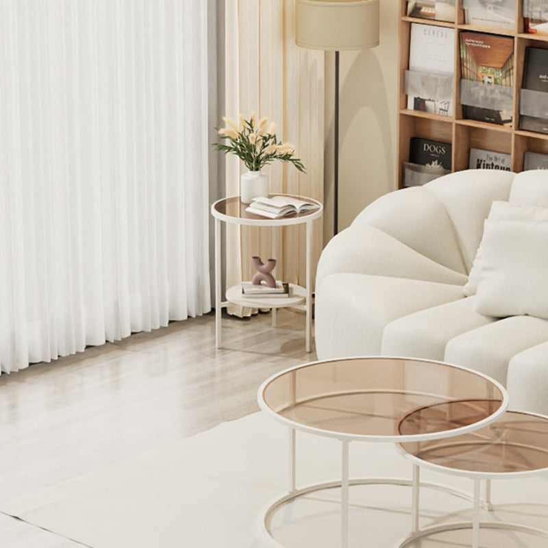 Minimalist Glass Sintered Stone Round Coffee Table 1-Shelf — Tinted Glass / Gold Table Legs