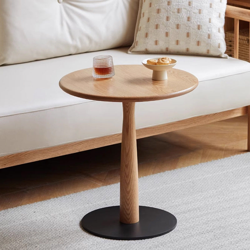 Traditional Rustic Oak Round Side Table — Walnut Color