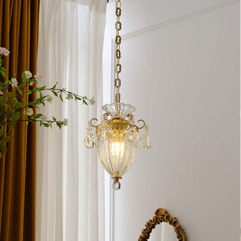French Lantern Carved Copper Crystal Pendant Light
