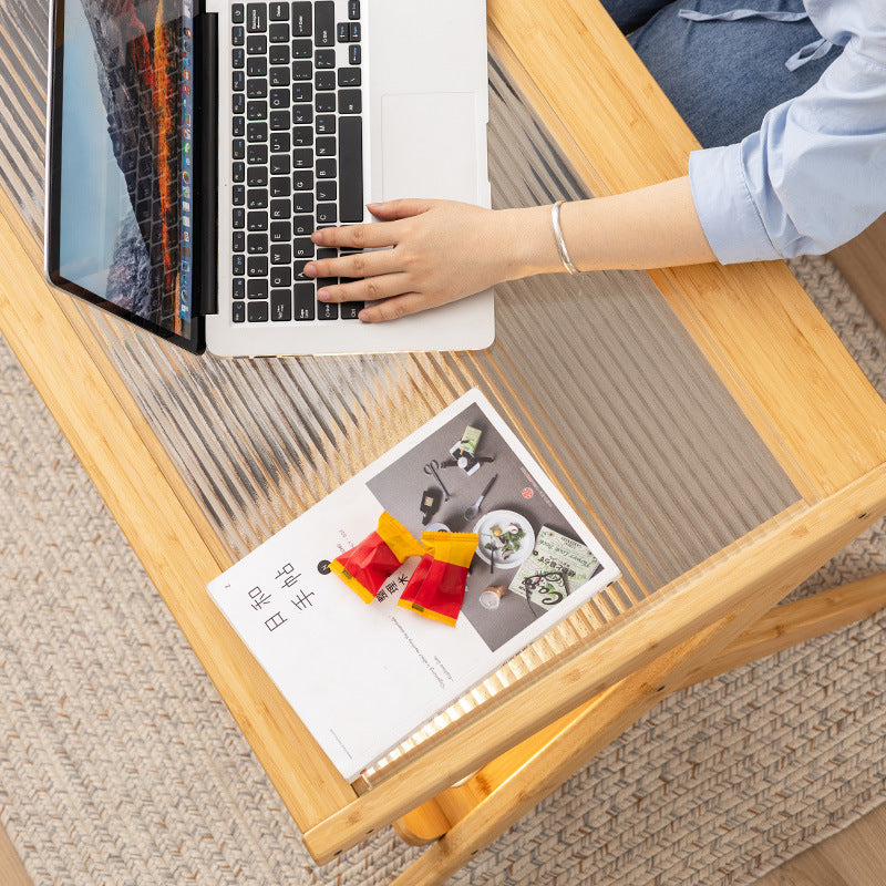 Japanese Z-Shape Wood Glass Rattan Coffee Table