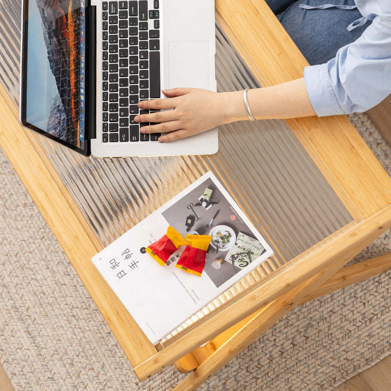 Japanese Z-Shape Wood Glass Rattan Coffee Table