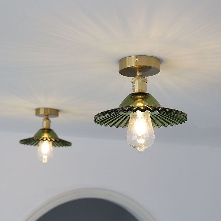 Japanese Vintage Brass Lotus Glass Semi-Flush Ceiling Light