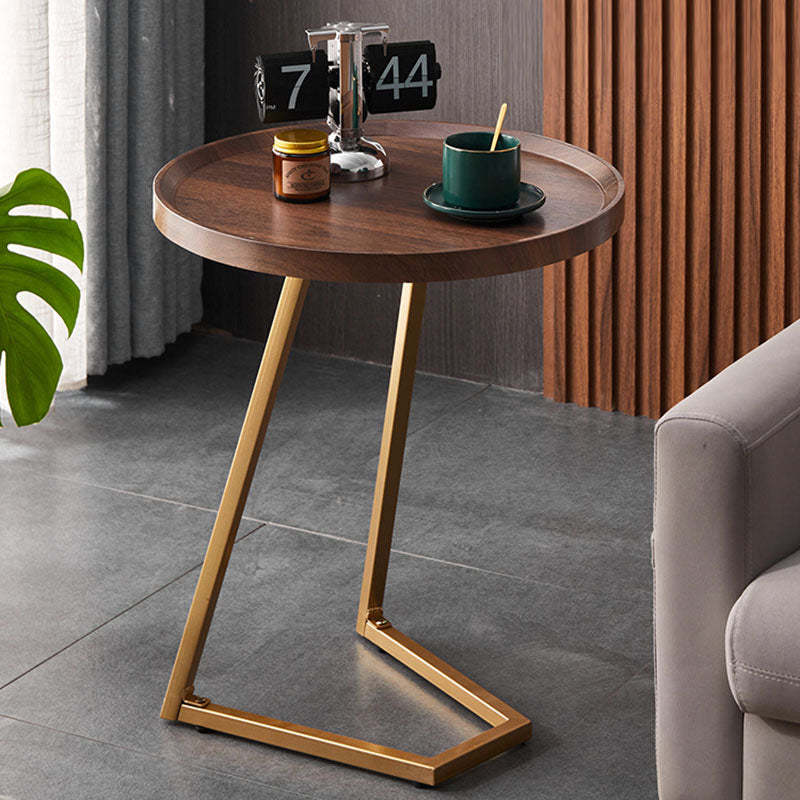 Modern Round Engineered Wood Iron Movable End Table — Gold / Walnut Color