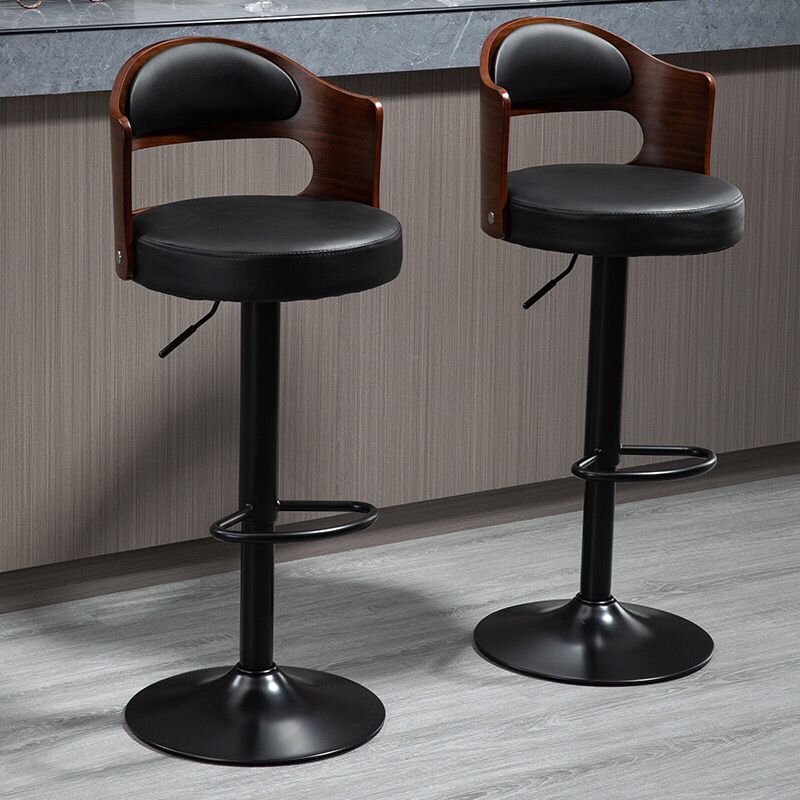 Contemporary Faux Leather Swivel Bar Stool — Walnut Color Backrest + Brown PU Leather Seat + Silver Base
