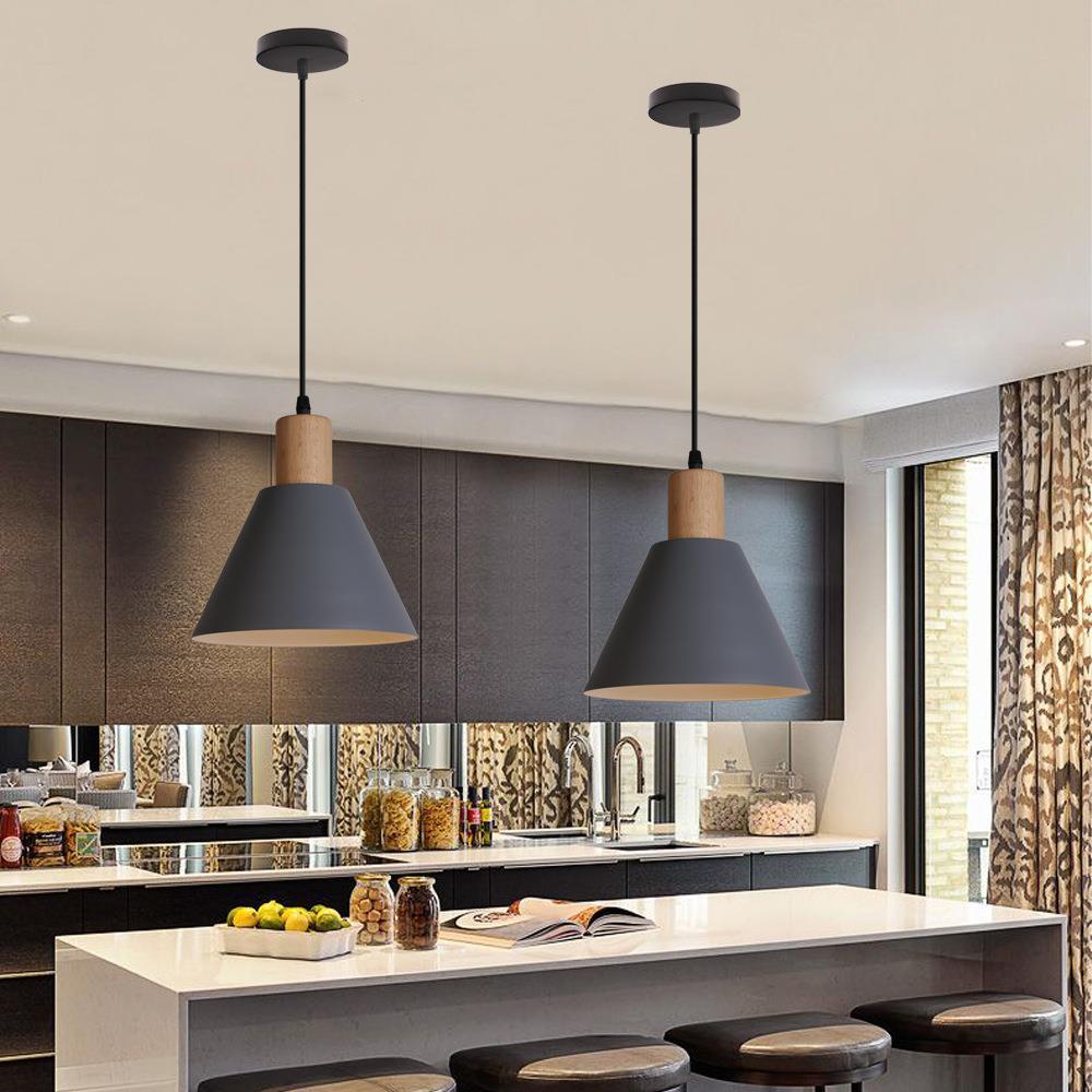 Nordic Vintage Iron Cone Wood Top Pendant