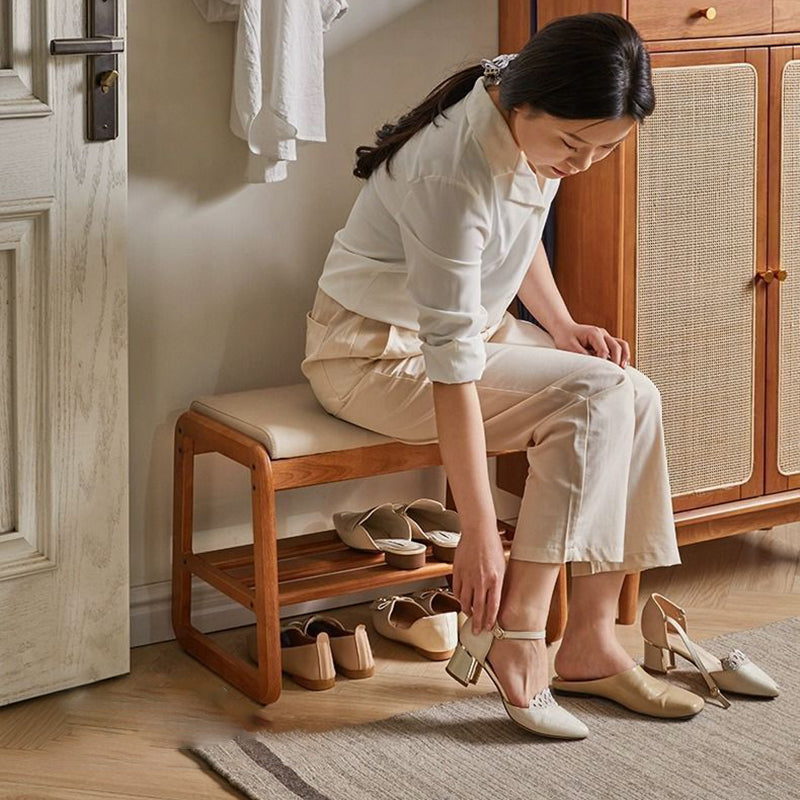 Minimalist Leather Wood 1-Shelf Shoe Storage