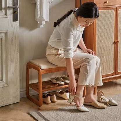 Minimalist Leather Wood 1-Shelf Shoe Storage