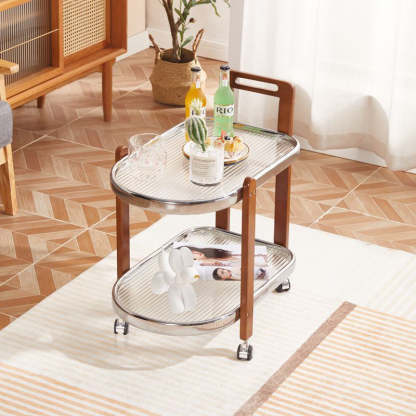 Japanese Oval Wood Steel Glass 2-Tier End Table