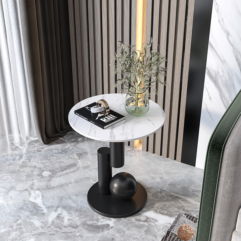 Luxury Rock Slab Geometric Base End Table — Black Rock Slabs + Black Base