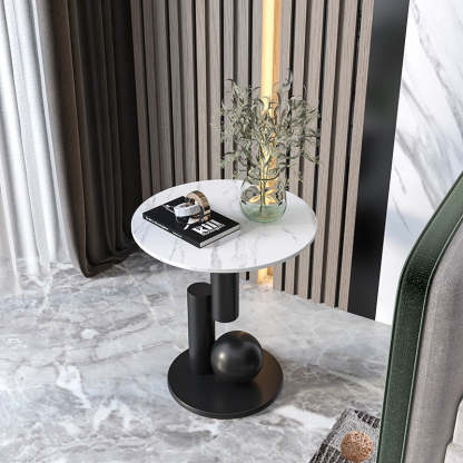 Luxury Rock Slab Geometric Base End Table — Black Rock Slabs + Black Base