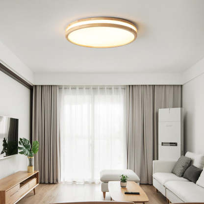 Japanese Round Wooden Slim LED Flush Mount Light — Warm Light (3000K) / 110V-120V For US/CA