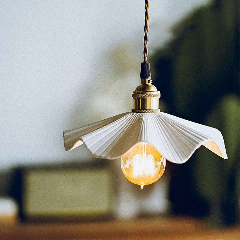 Vintage Japanese Ceramic Scalloped Copper Pendant Light