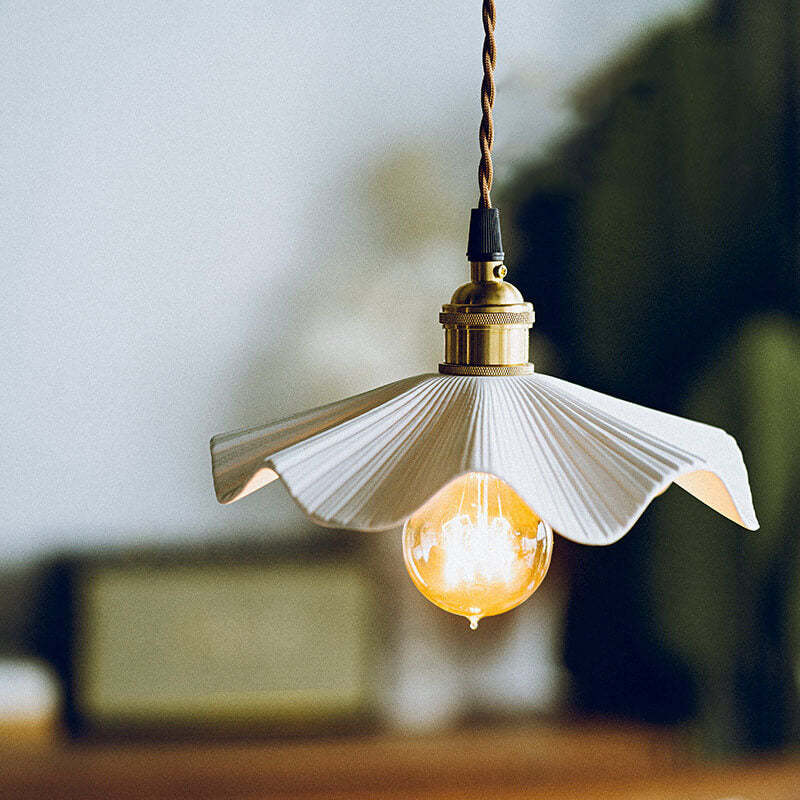 Vintage Japanese Ceramic Scalloped Copper Pendant Light