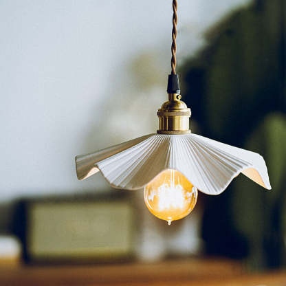 Vintage Japanese Ceramic Scalloped Copper Pendant Light