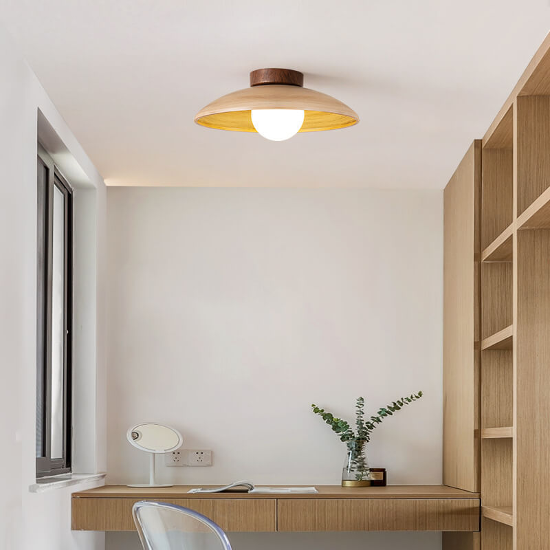 Japanese Wabi-Sabi Woodgrain Flying Saucer Semi-Flush Light