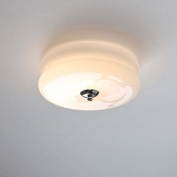 French Minimalist Cream Glass Round LED Flush Mount Light