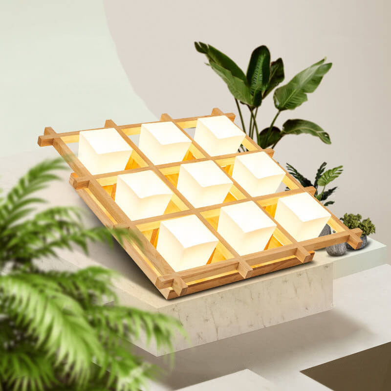 Japanese Wooden Square Flush Ceiling Light