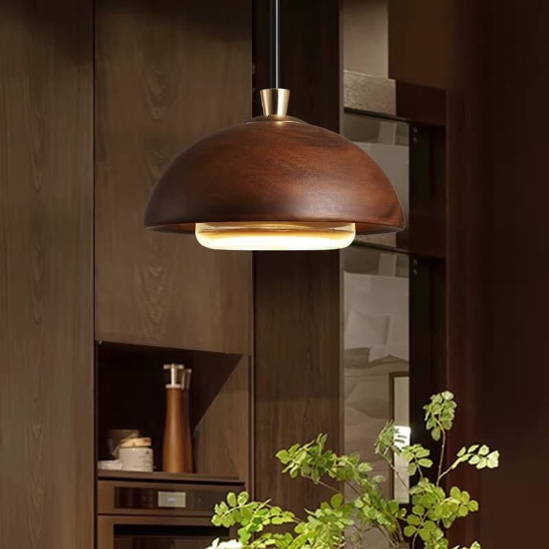 Nordic Solid Wood Dome Glass LED Pendant