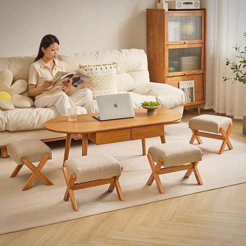 Contemporary Wood Linen X-Leg Footstool