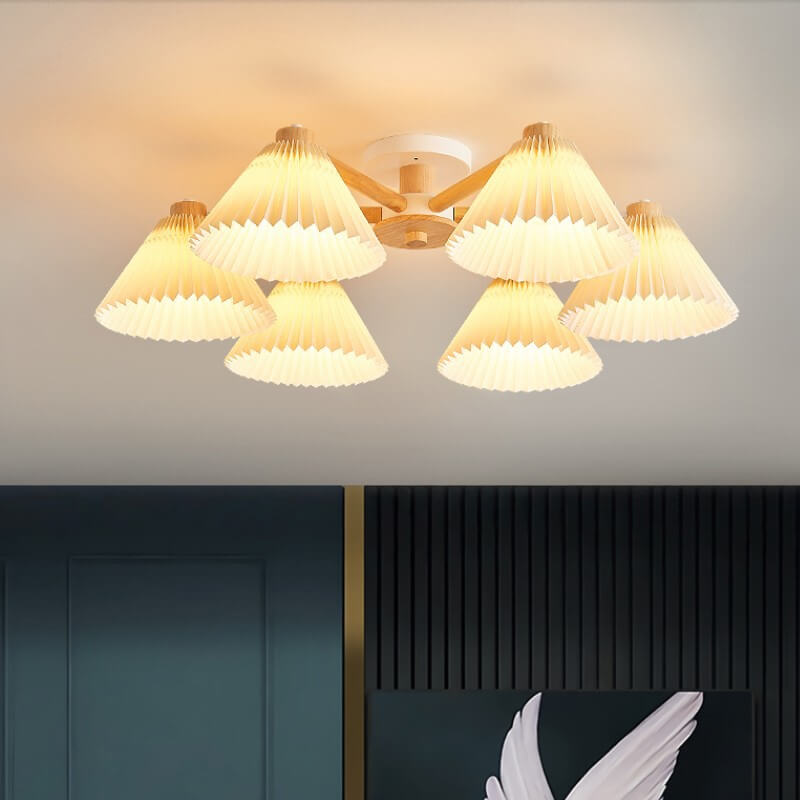 Lighom pleated shade wood semi-flush mount light for living room — 3-Light / 220V-240V (UK/AU)