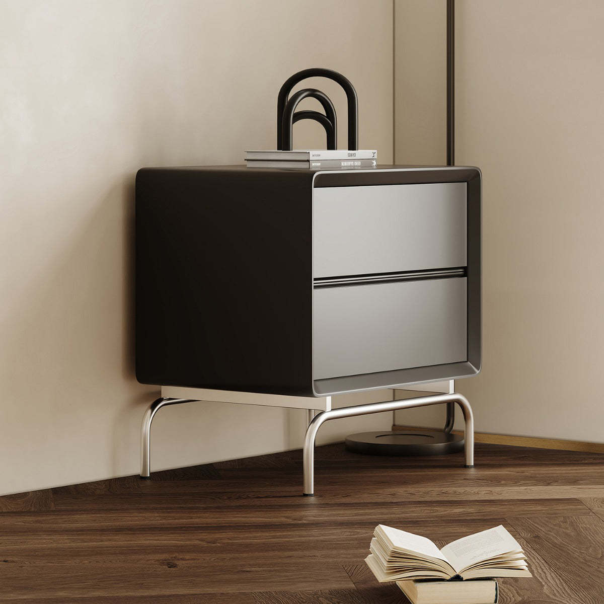 Minimalist Wood Steel 2-Drawer Nightstand