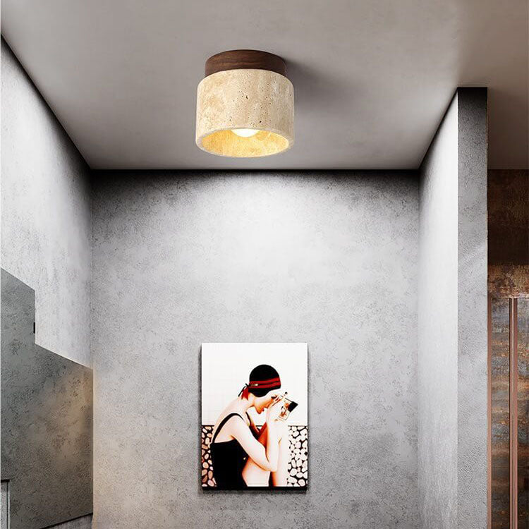 Vintage Round Travertine Flush Mount Light