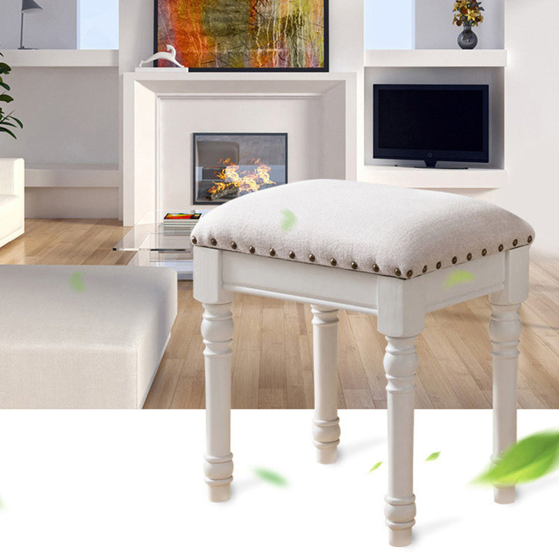 Scandinavian Linen Leather Wood Vanity Stool — Linen + White / White