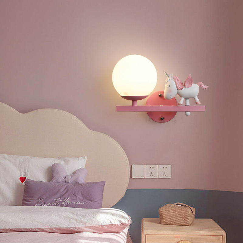 Kids Girls Unicorn Orb Resin Iron Glass Wall Sconce — A - Pink / Left / 110V-120V For US/CA