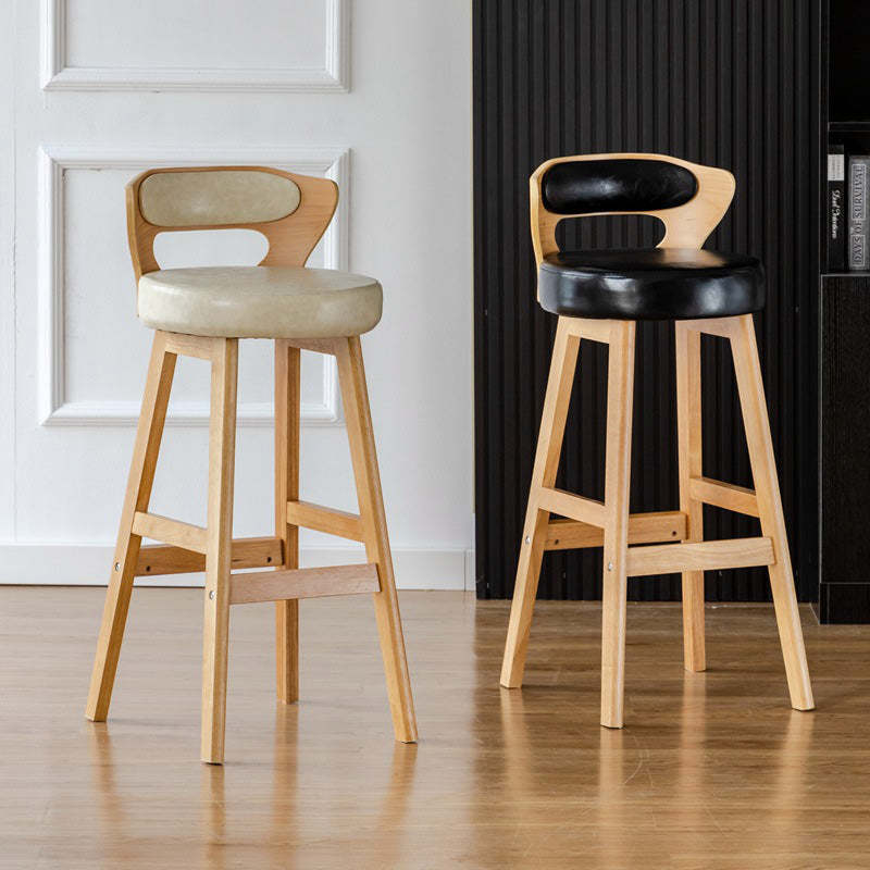 Modern PU Leather Wood Low-Back Bar Stool — Black PU Leather Cushion + Log Color Frame